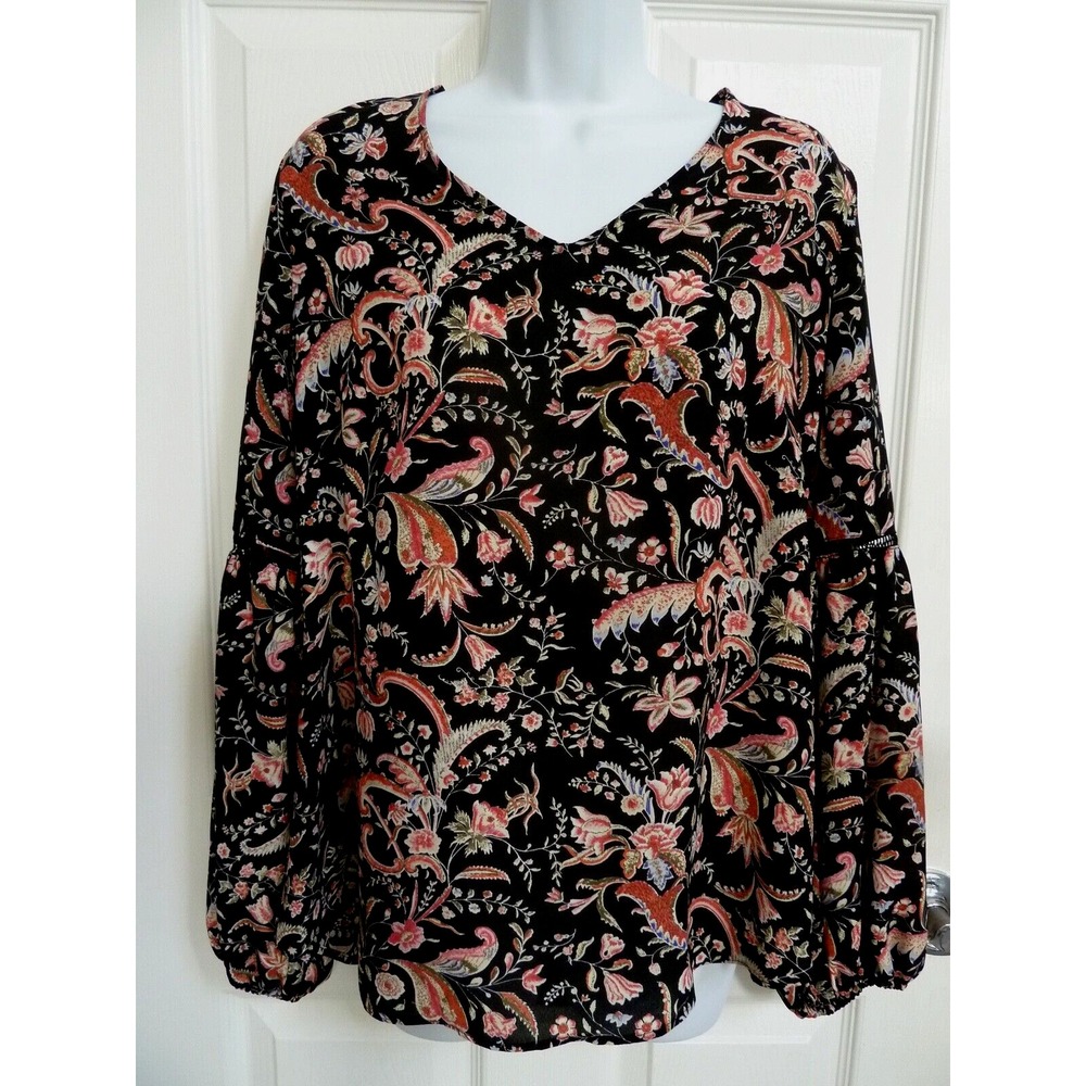 Rose & Olive Womens Large Floral Balloon Sleeve Blouse V-Neck Tie-Back Pullover